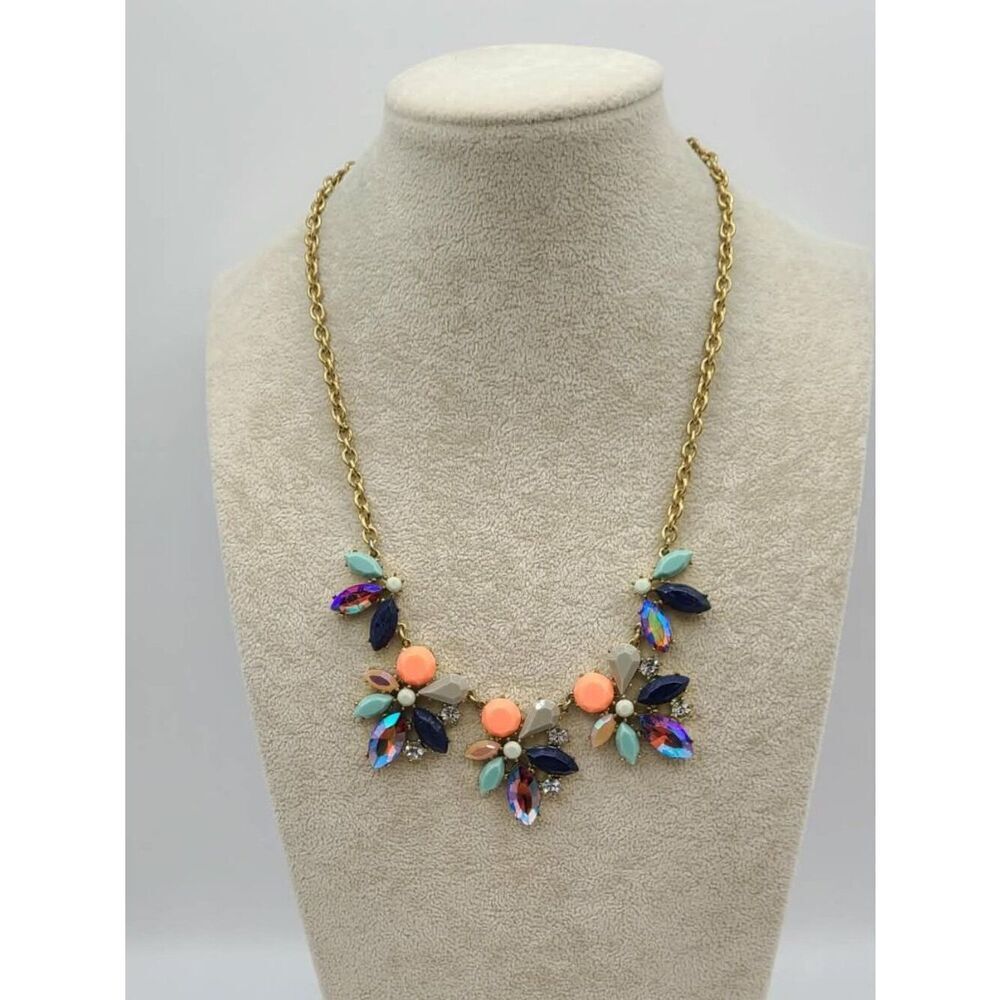 J Crew AB Crystal Pink Blue Resin Gold Tone Necklace